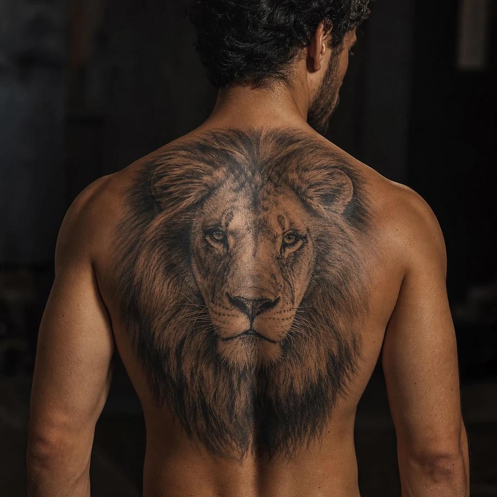 men's back tattoo realistic lion upper back, realistic photo on skin