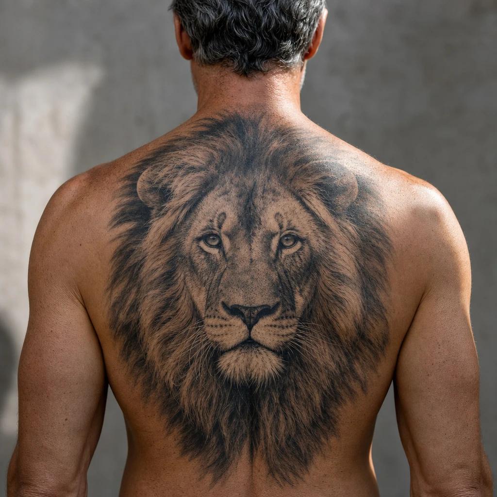 men's back tattoo realistic lion upper back, realistic photo on skin
