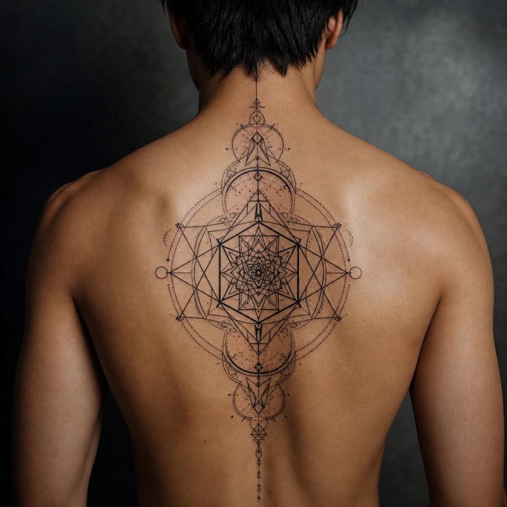 men's back tattoo sacred geometry back piece, realistic photo on skin