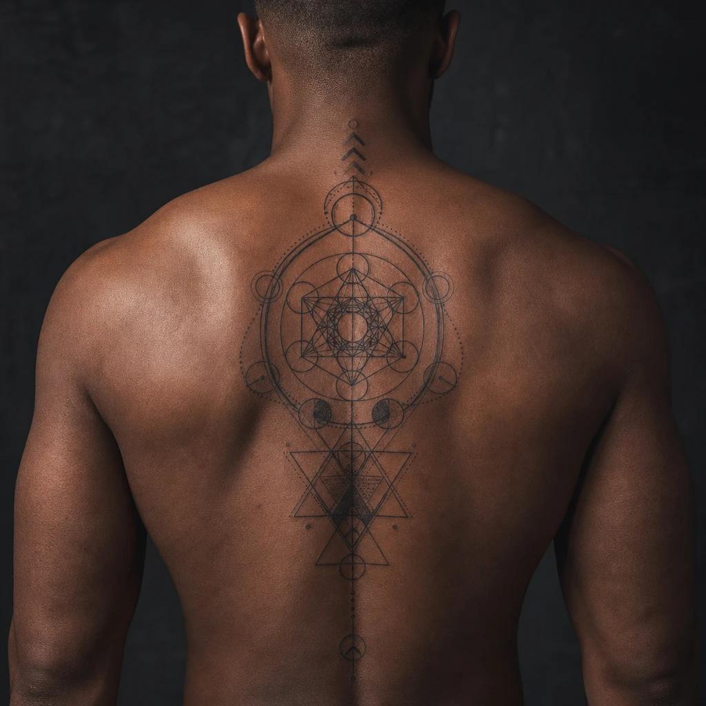 men's back tattoo sacred geometry back piece, realistic photo on skin