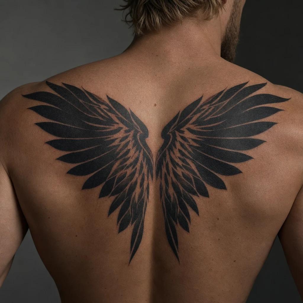 men's back tattoo blackwork wings on the shoulder blades, realistic photo on skin