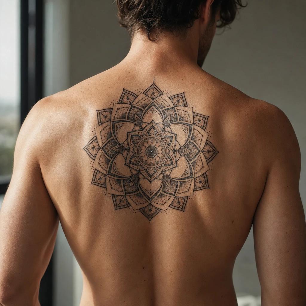 men's back tattoo central back mandala, realistic photo on skin