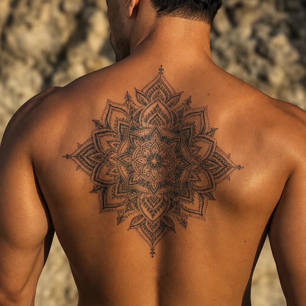 men's back tattoo central back mandala, realistic photo on skin