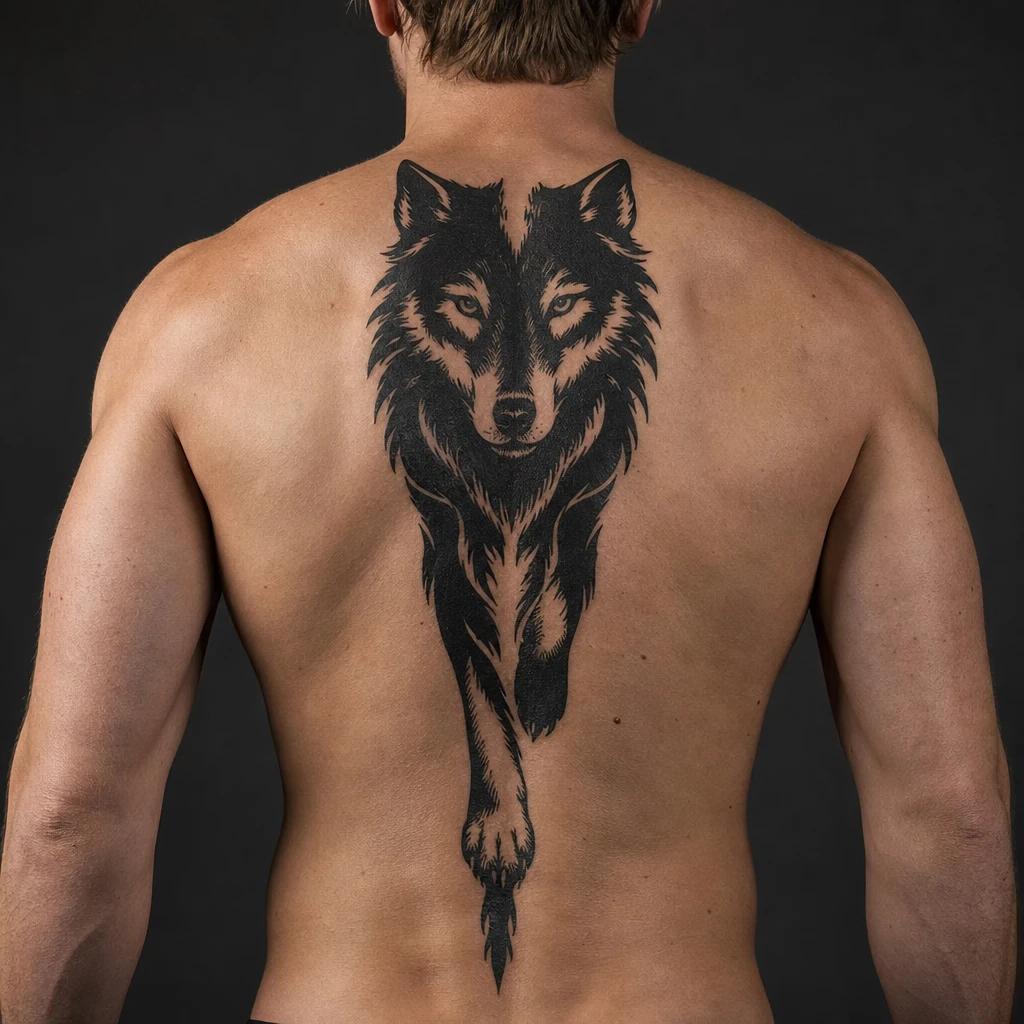 men's back tattoo blackwork wolf, realistic photo on skin