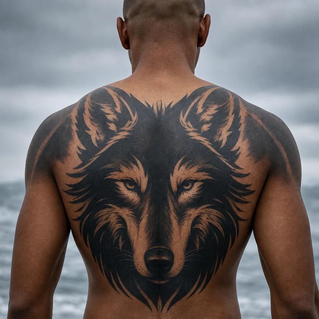 men's back tattoo blackwork wolf, realistic photo on skin