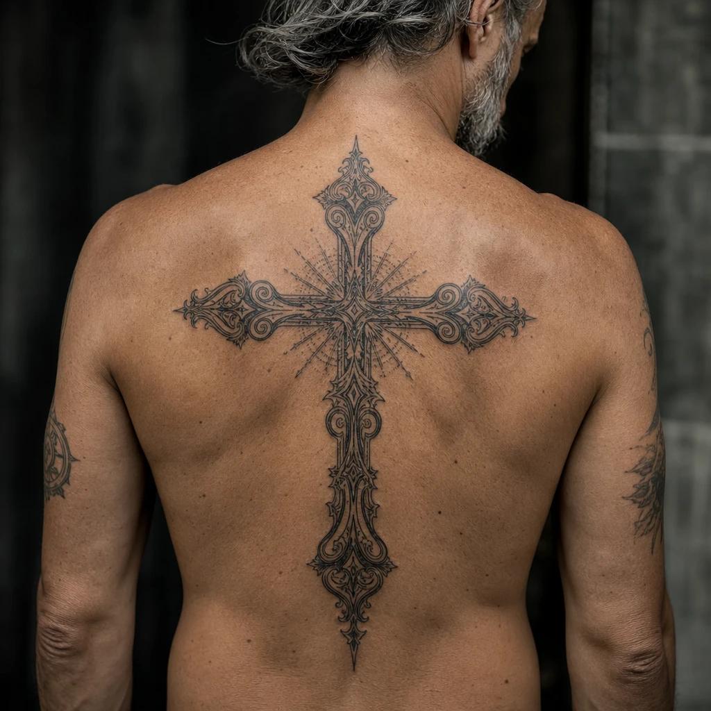 men's back tattoo religious back cross, realistic photo on skin