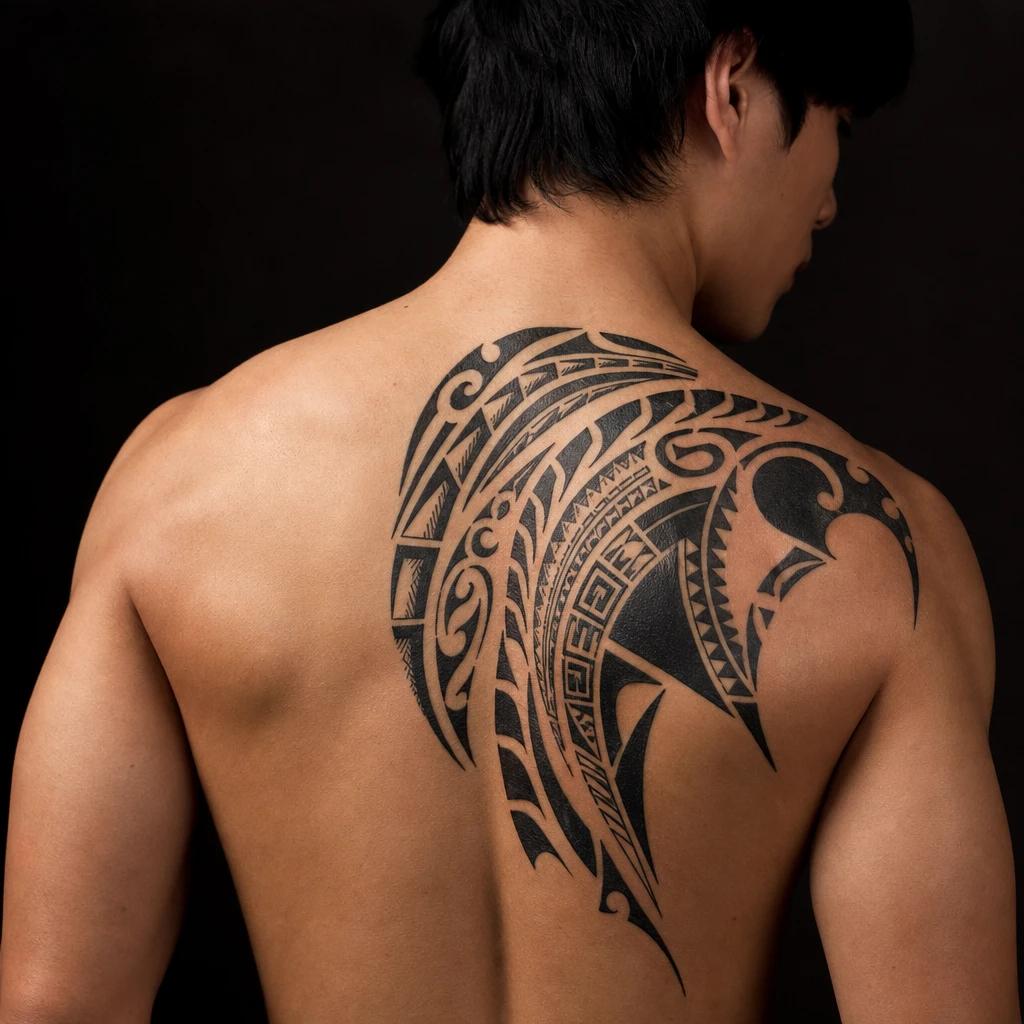 men's back tattoo polynesian tribal shoulder and back, realistic photo on skin