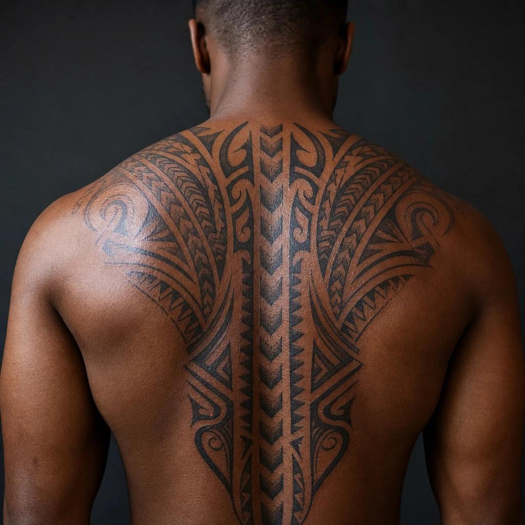 men's back tattoo polynesian tribal shoulder and back, realistic photo on skin