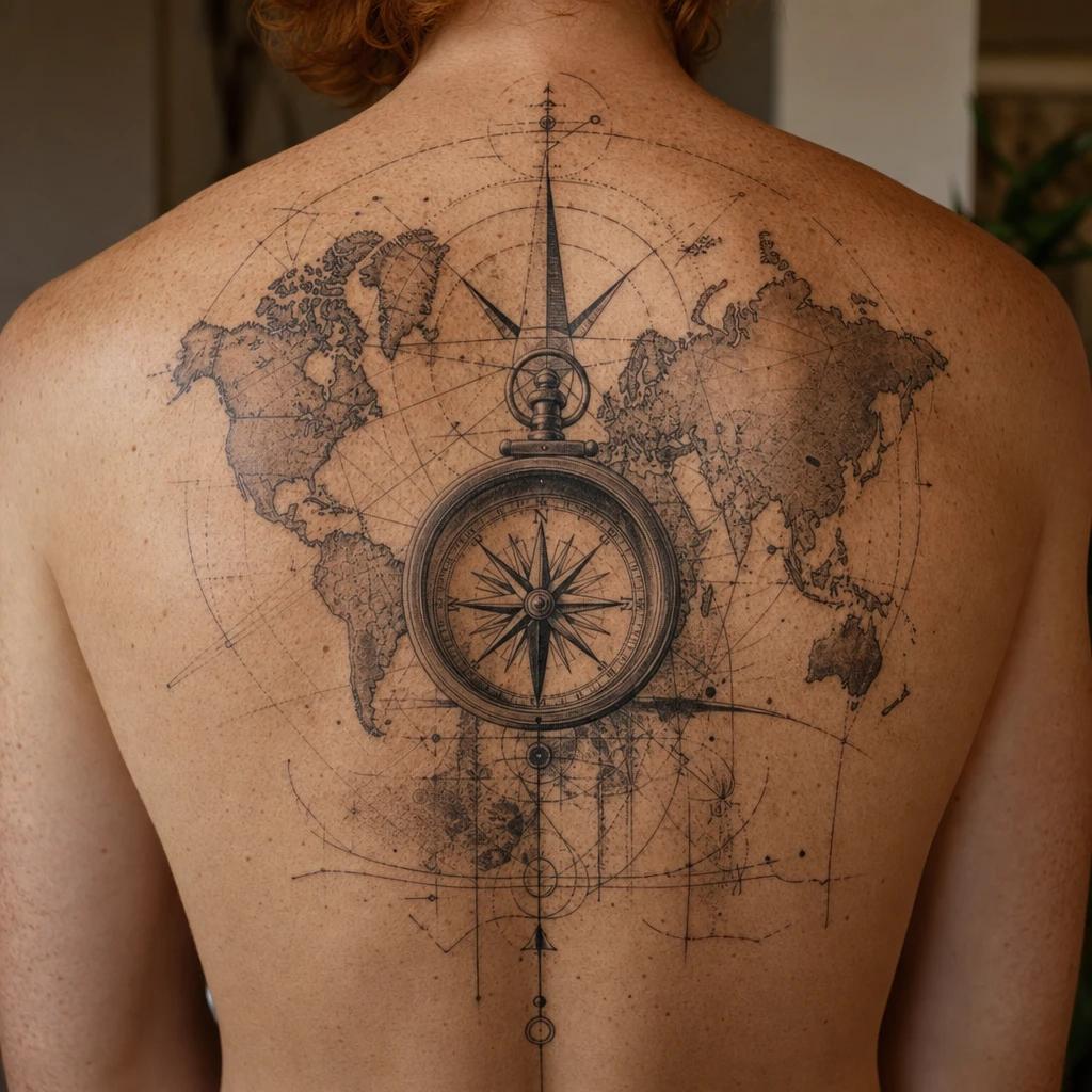 men's back tattoo compass and travel map, realistic photo on skin