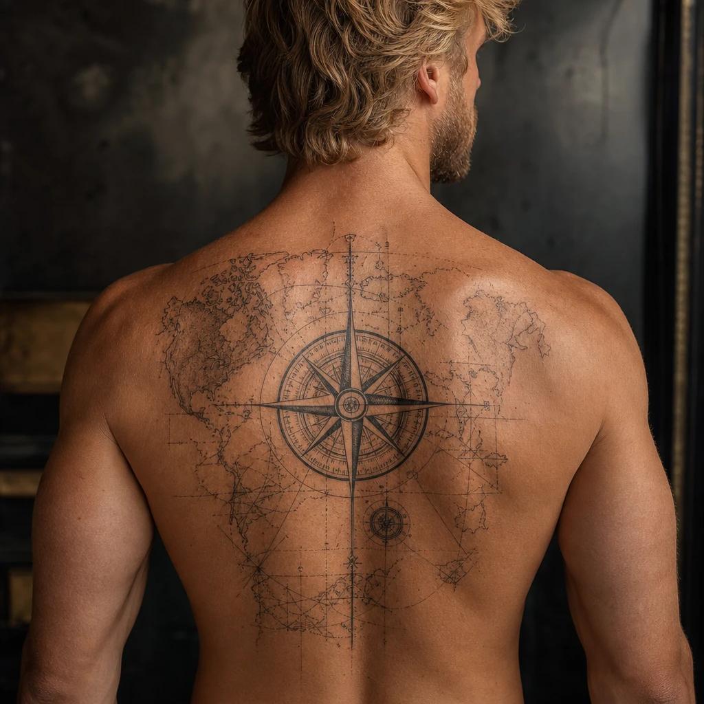 men's back tattoo compass and travel map, realistic photo on skin