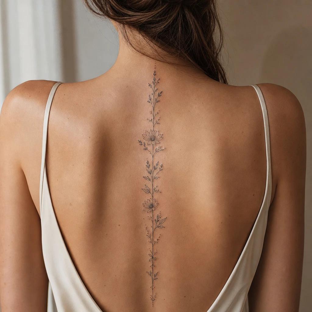 women's back tattoo fine line floral spine, realistic photo on skin