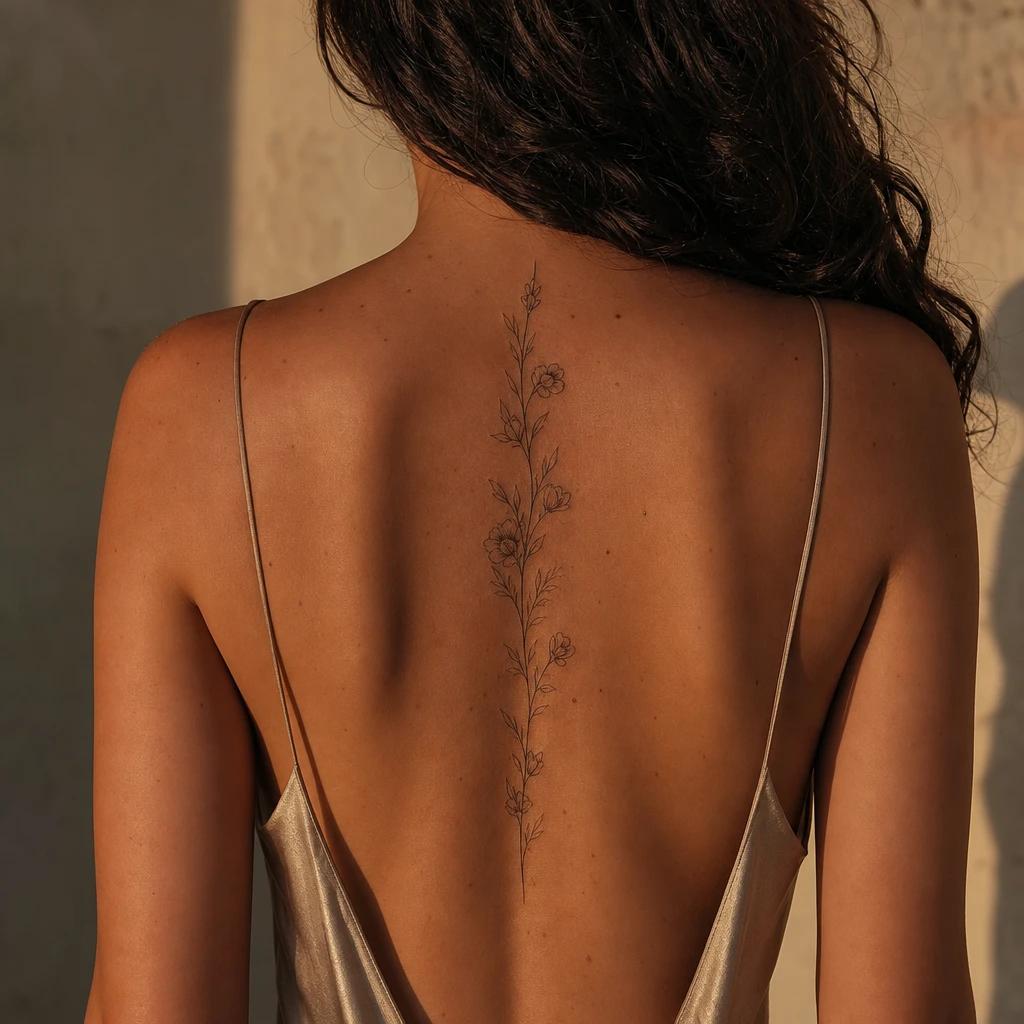 women's back tattoo fine line floral spine, realistic photo on skin
