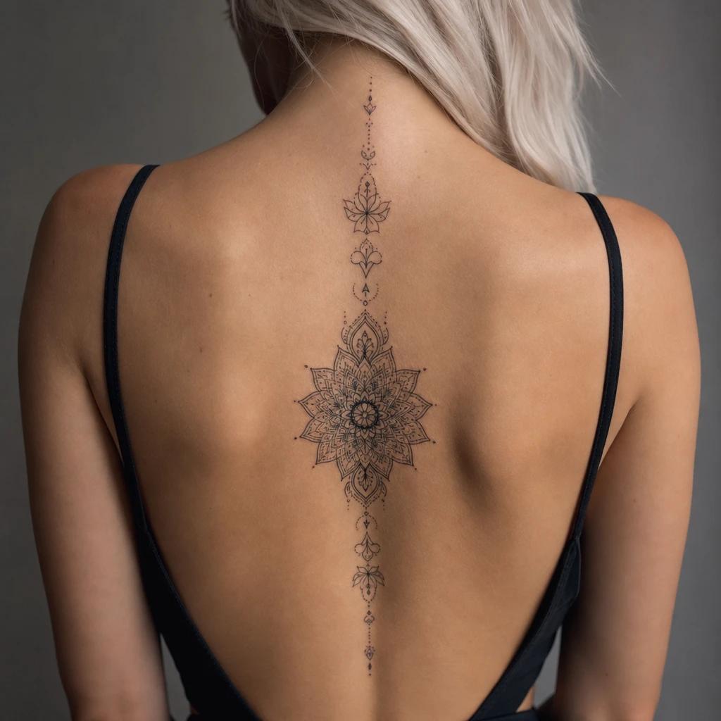 women's back tattoo central back mandala, realistic photo on skin