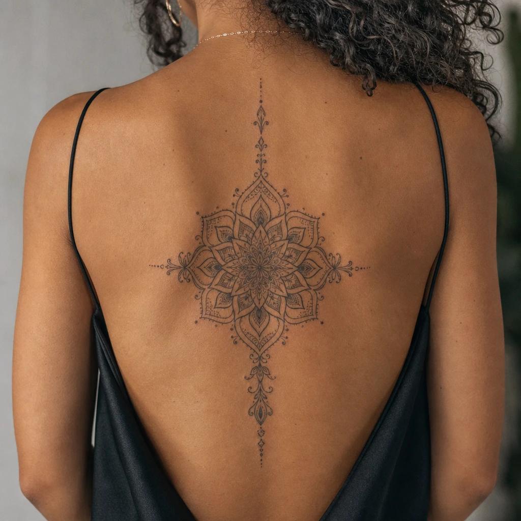 women's back tattoo central back mandala, realistic photo on skin
