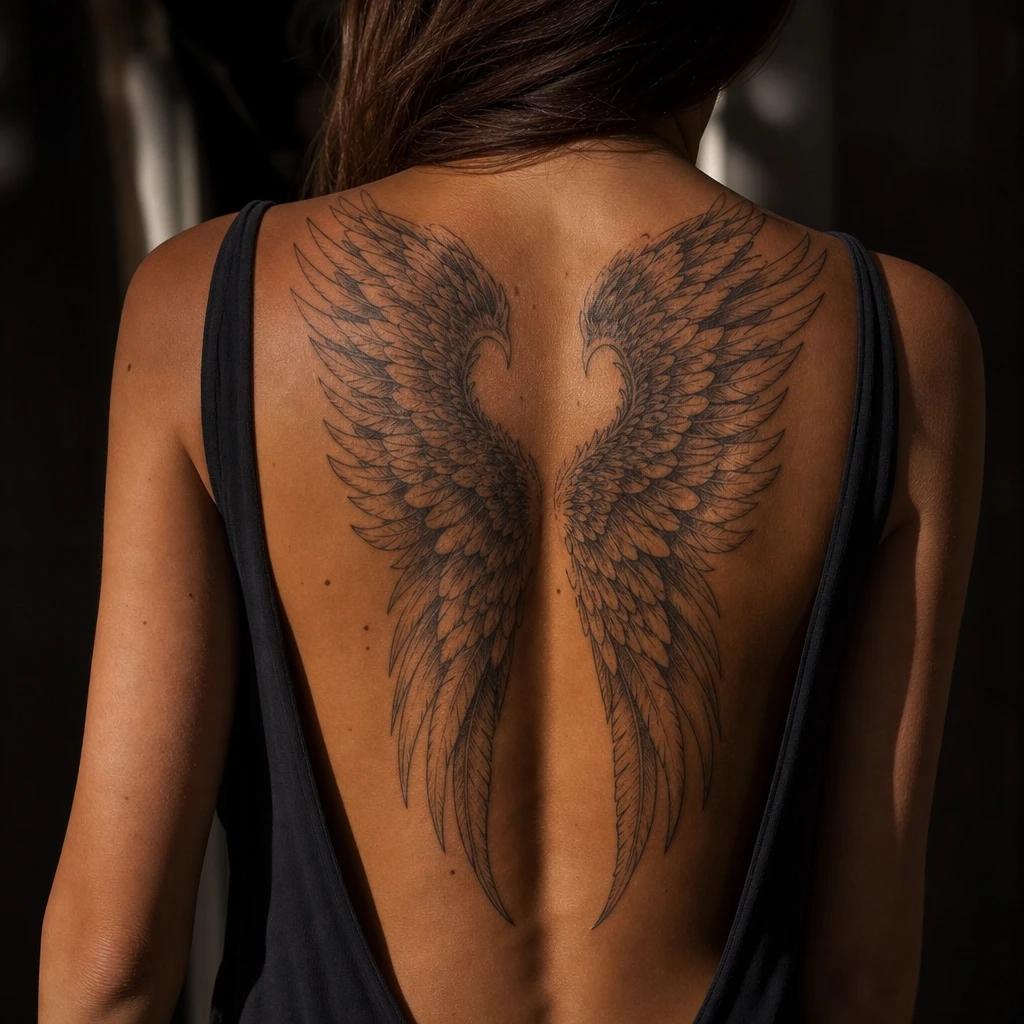 women's back tattoo idea, photo on skin