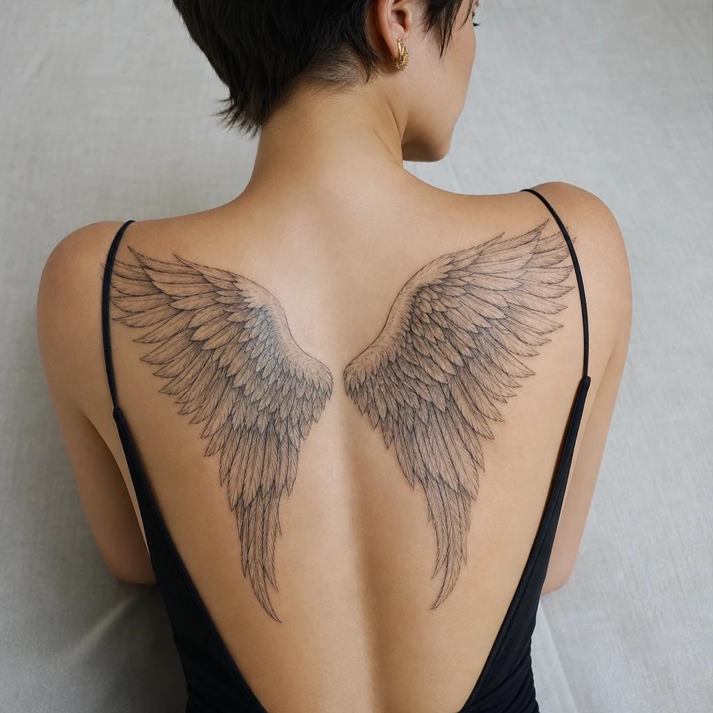women's back tattoo angel wings on the shoulder blades, realistic photo on skin
