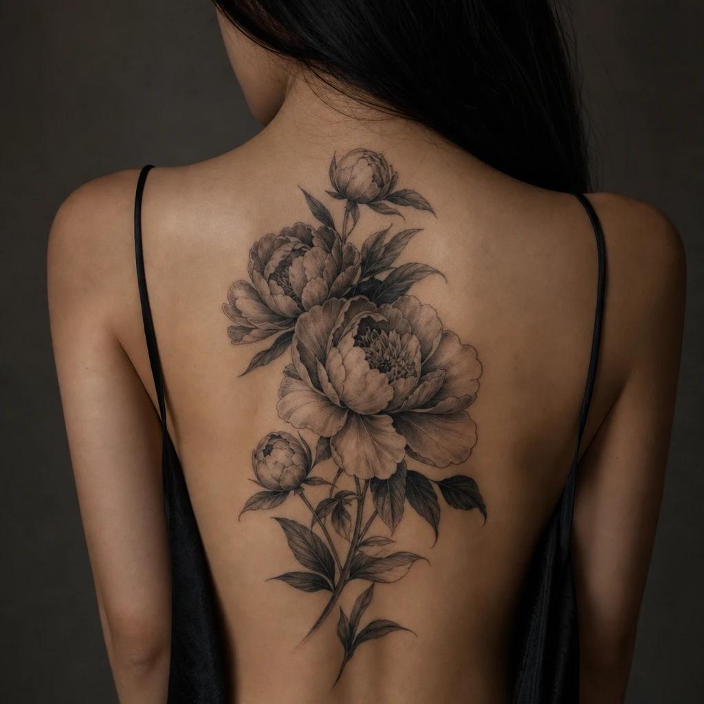 women's back tattoo realistic peonies on the shoulder blade, realistic photo on skin