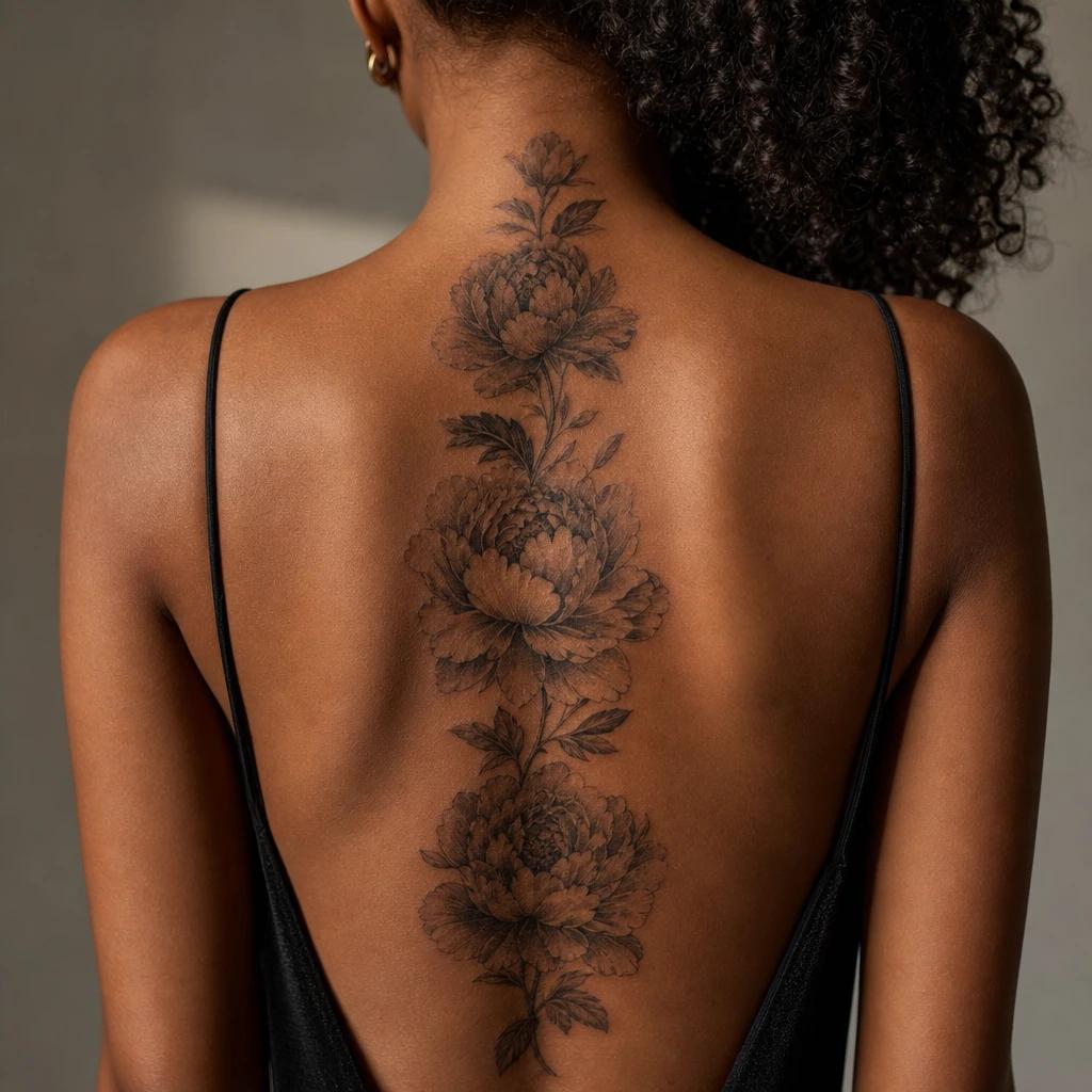 women's back tattoo realistic peonies on the shoulder blade, realistic photo on skin