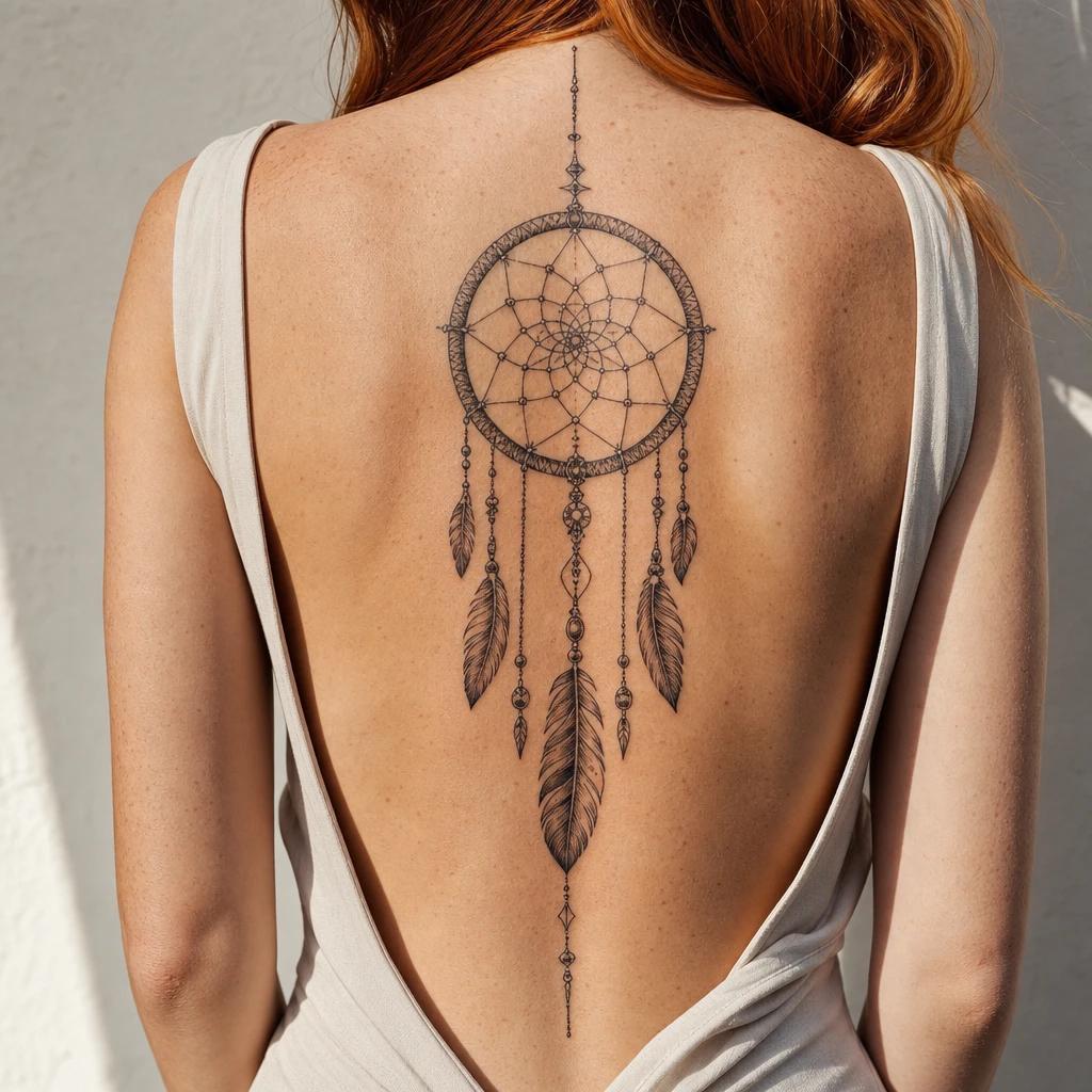 women's back tattoo back dreamcatcher, realistic photo on skin