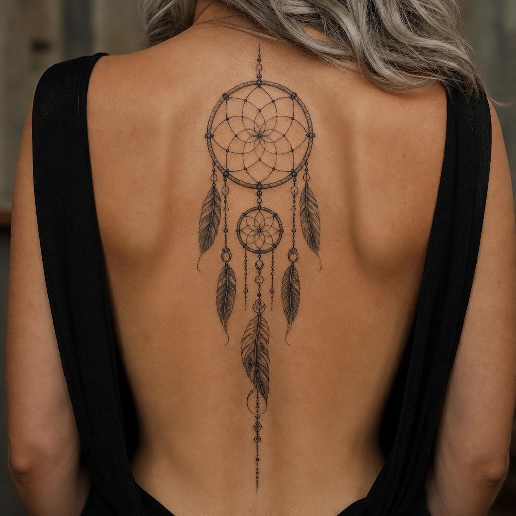women's back tattoo back dreamcatcher, realistic photo on skin