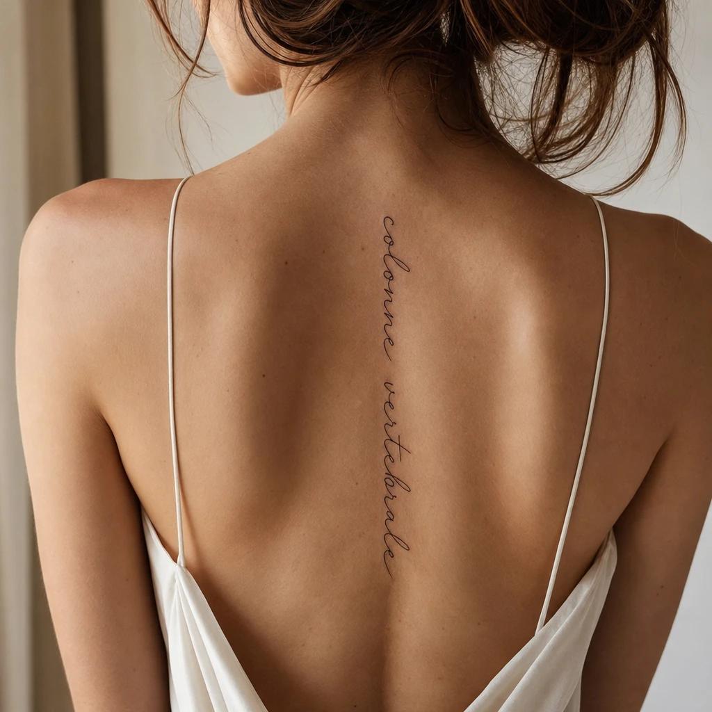 women's back tattoo spine quote, realistic photo on skin