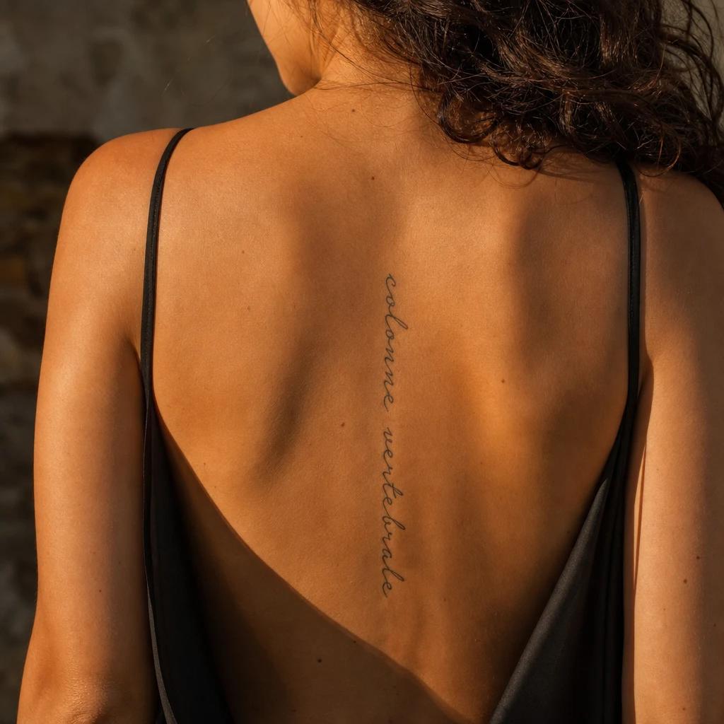 women's back tattoo spine quote, realistic photo on skin