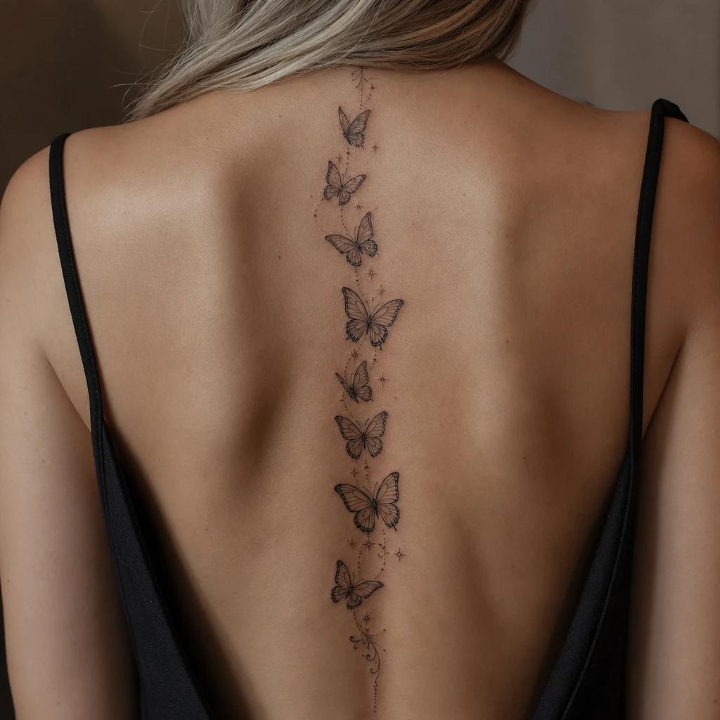 women's back tattoo cascading butterflies, realistic photo on skin