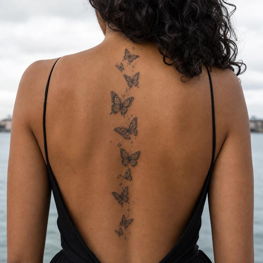 women's back tattoo cascading butterflies, realistic photo on skin