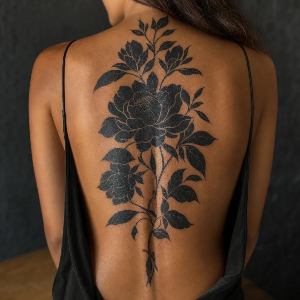 women's back tattoo large floral blackwork piece, realistic photo on skin