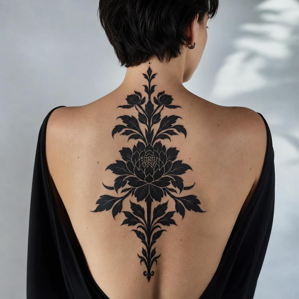 women's back tattoo large floral blackwork piece, realistic photo on skin
