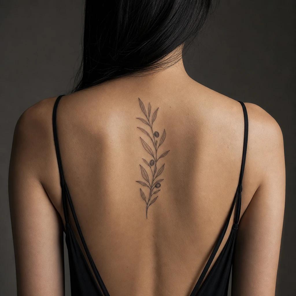 women's back tattoo olive branch below the nape, realistic photo on skin