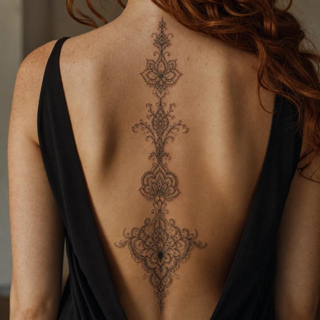 women's back tattoo ornamental back lace, realistic photo on skin