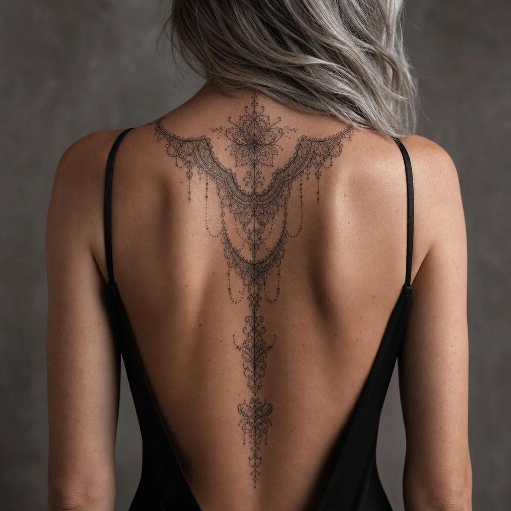women's back tattoo ornamental back lace, realistic photo on skin