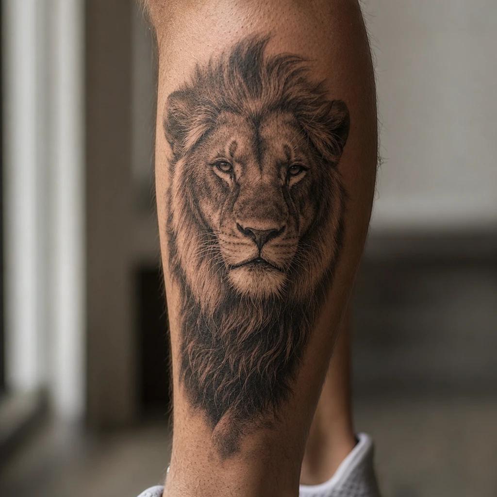 men's calf tattoo realistic calf lion, realistic photo on skin