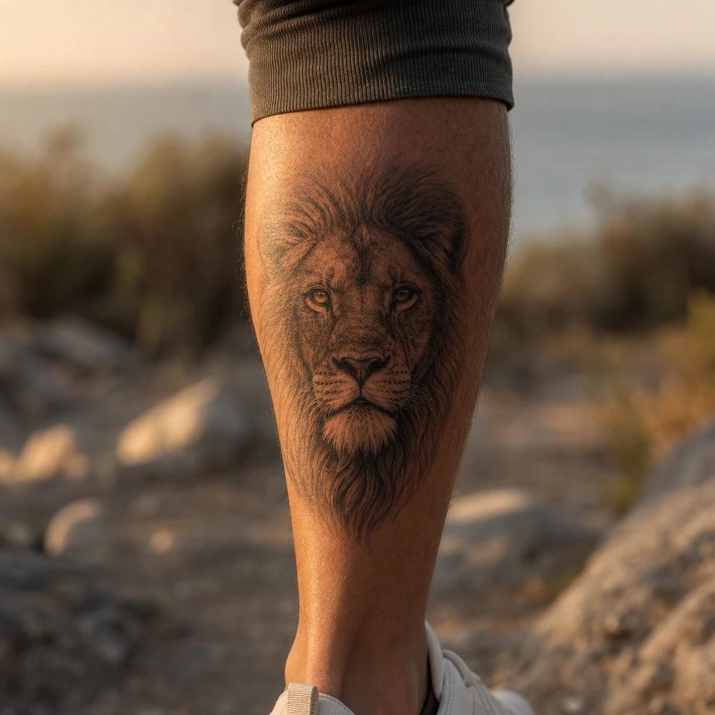 men's calf tattoo realistic calf lion, realistic photo on skin