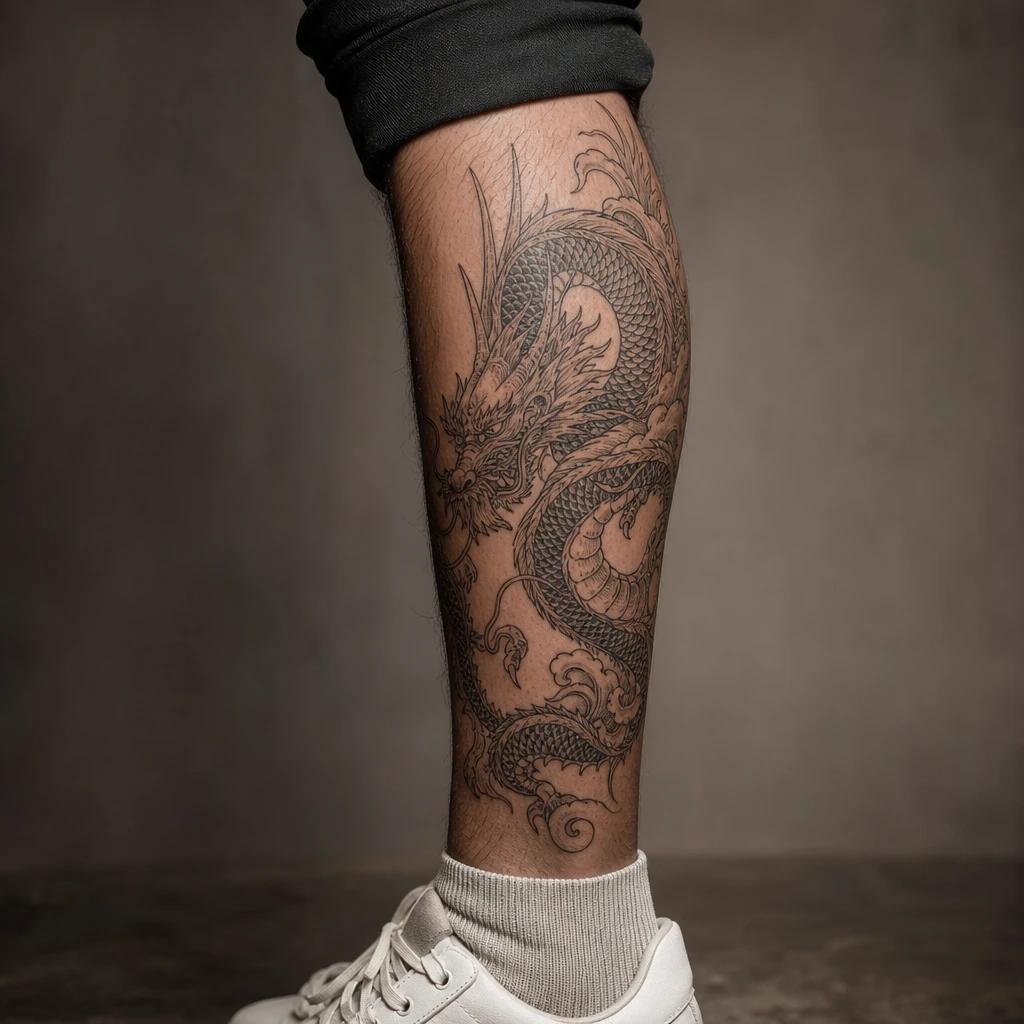 men's calf tattoo japanese dragon, realistic photo on skin