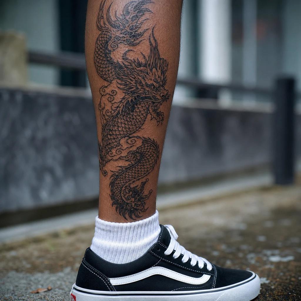 men's calf tattoo japanese dragon, realistic photo on skin