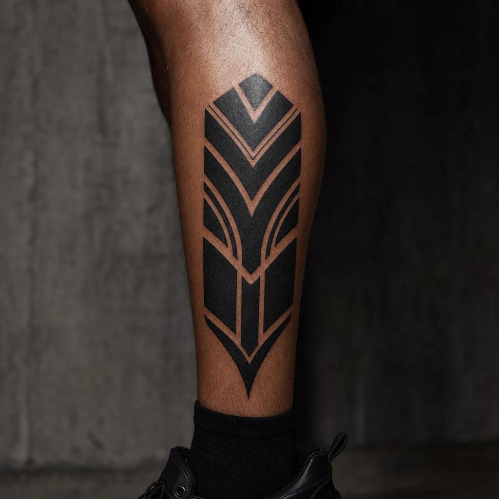 men's calf tattoo geometric blackwork, realistic photo on skin