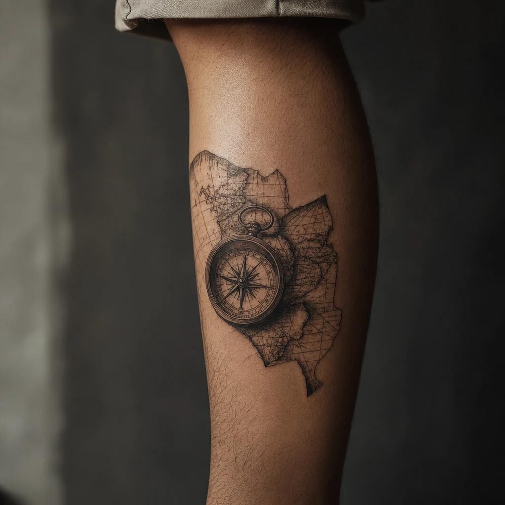 men's calf tattoo compass and map, realistic photo on skin