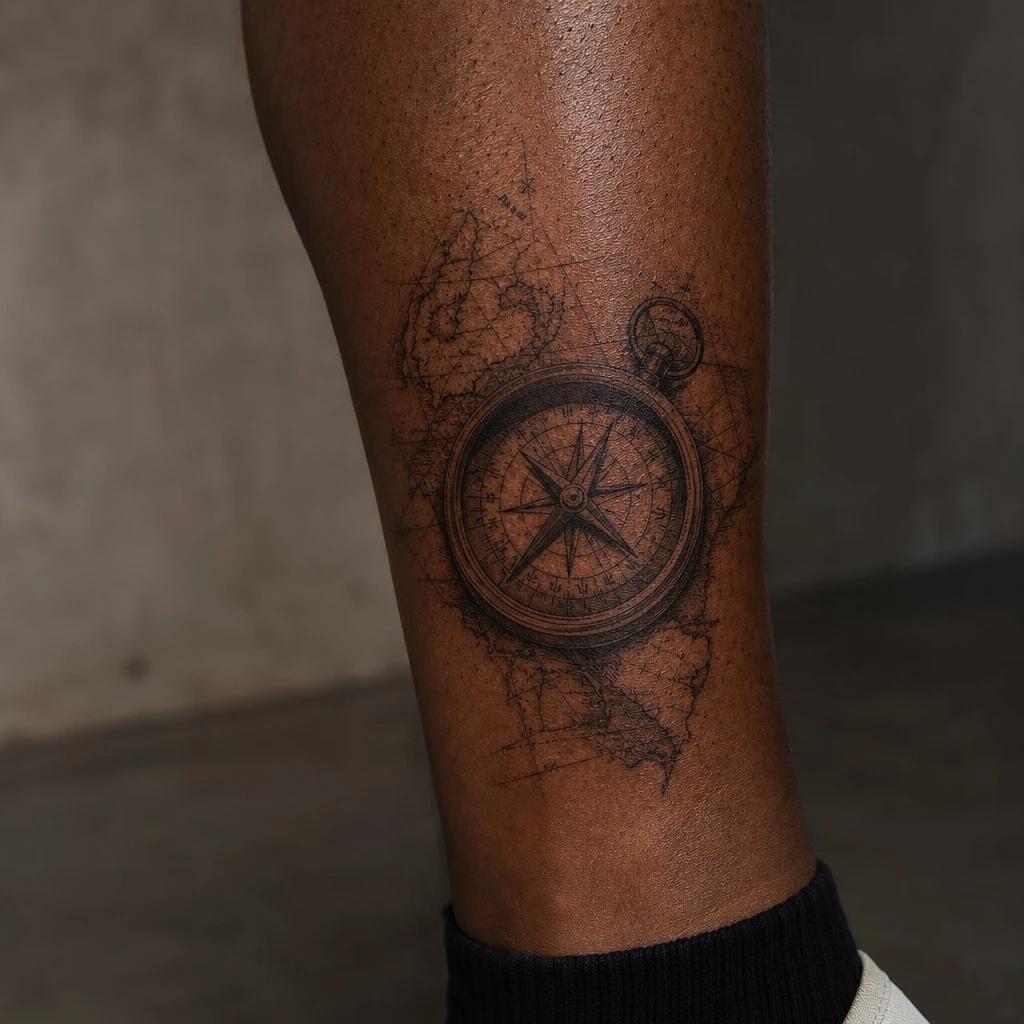 men's calf tattoo compass and map, realistic photo on skin