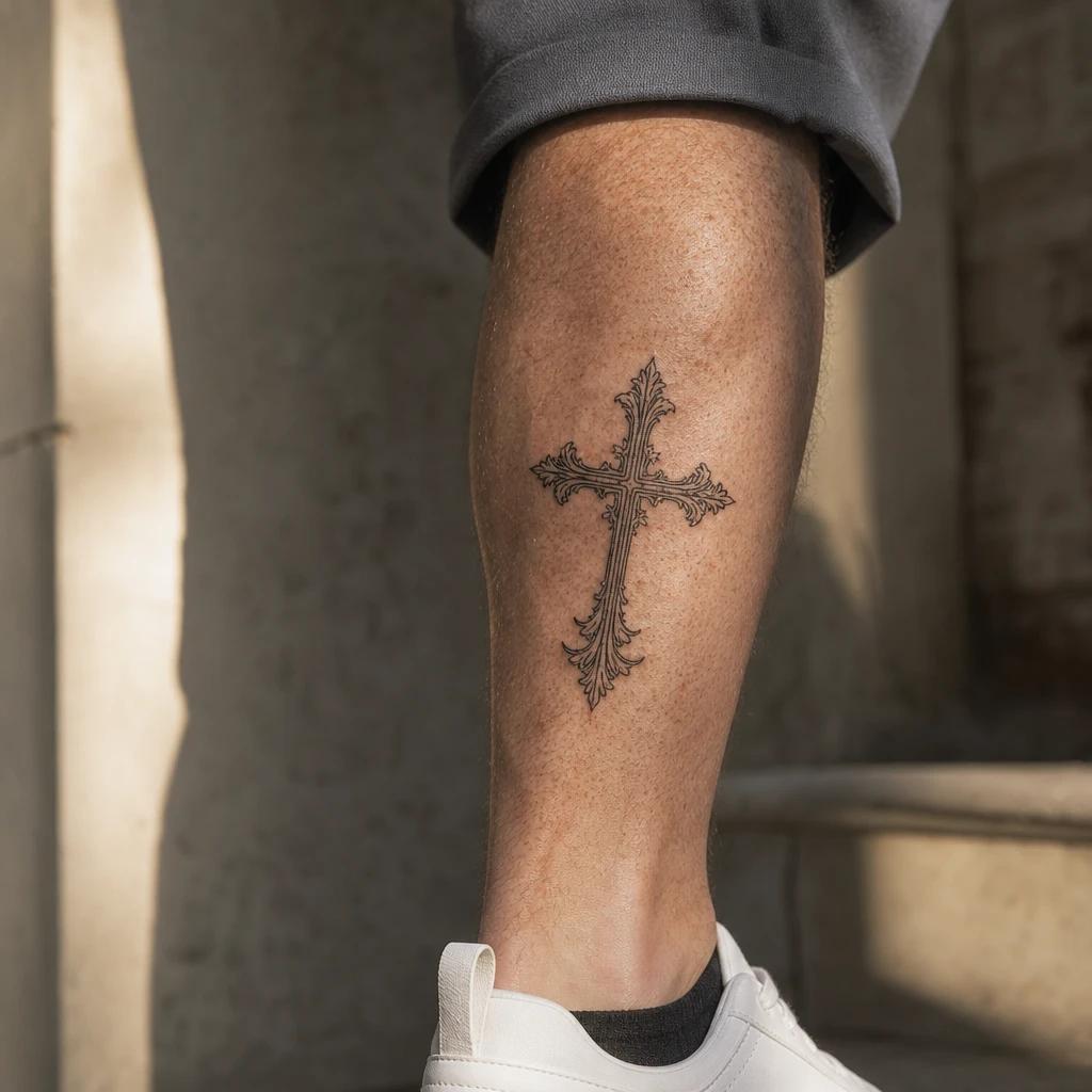 men's calf tattoo religious cross, realistic photo on skin