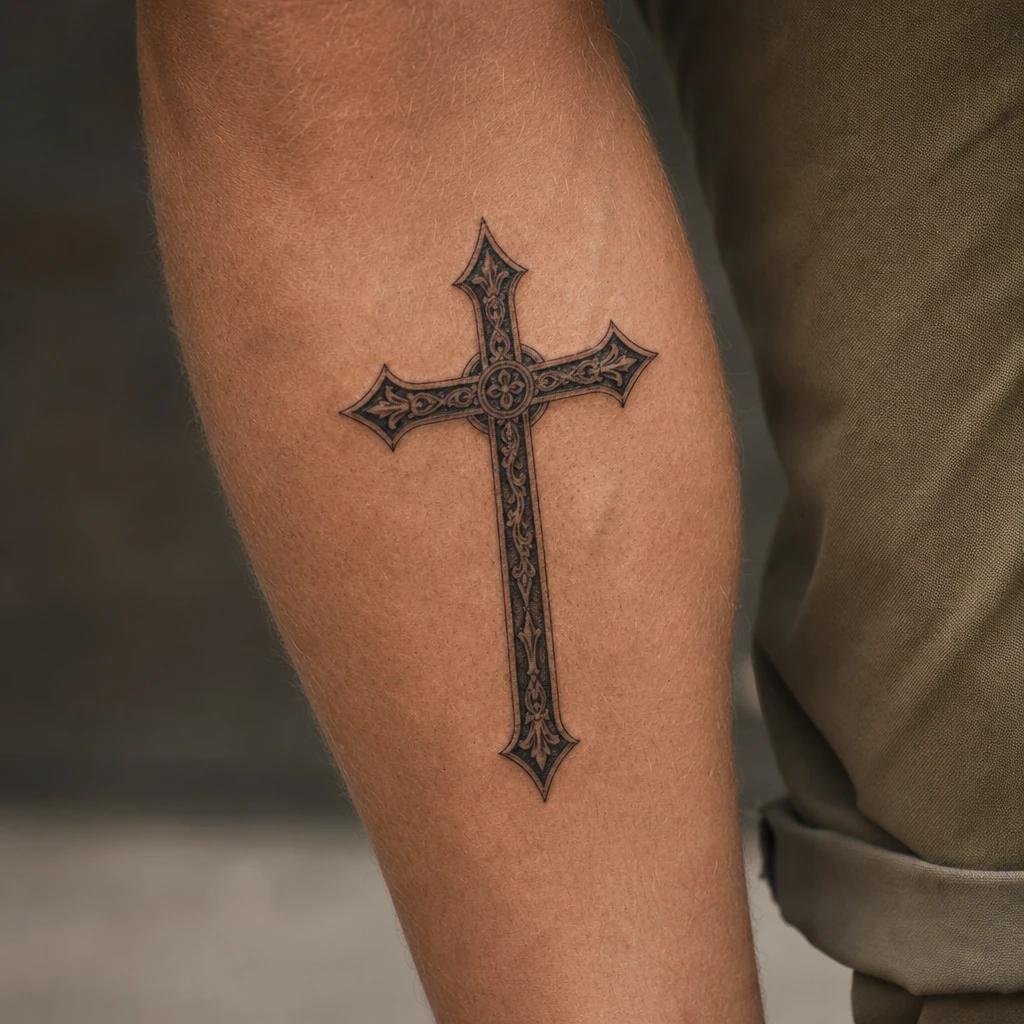 men's calf tattoo religious cross, realistic photo on skin