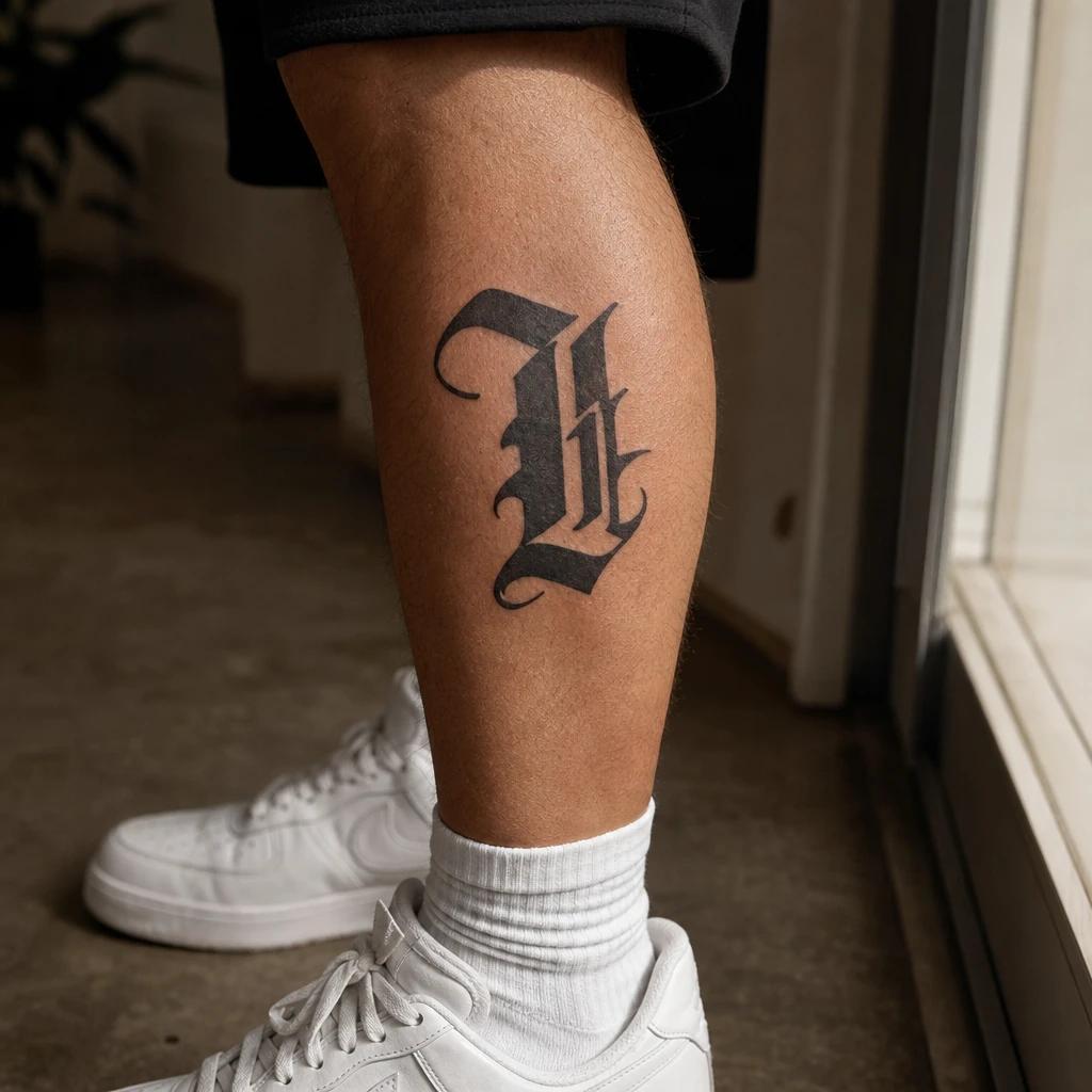 men's calf tattoo gothic lettering, realistic photo on skin