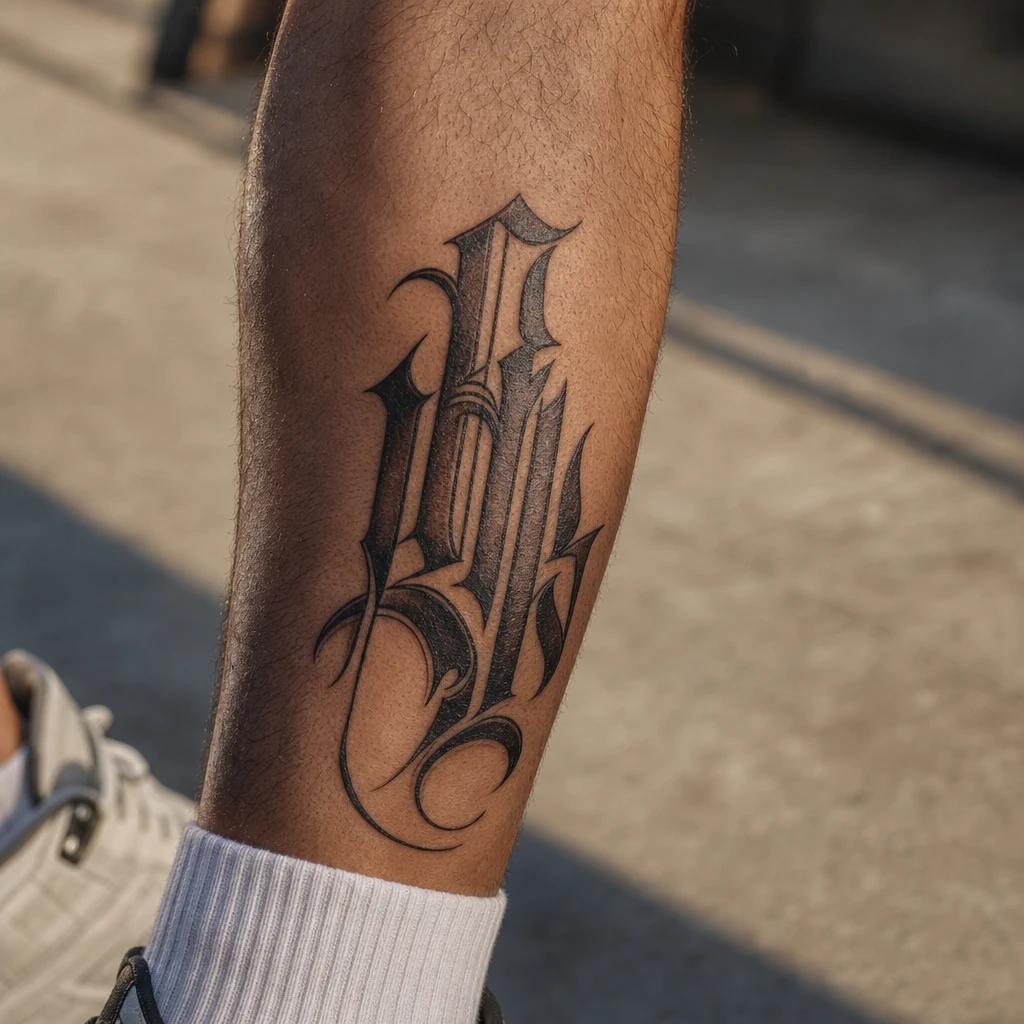 men's calf tattoo gothic lettering, realistic photo on skin