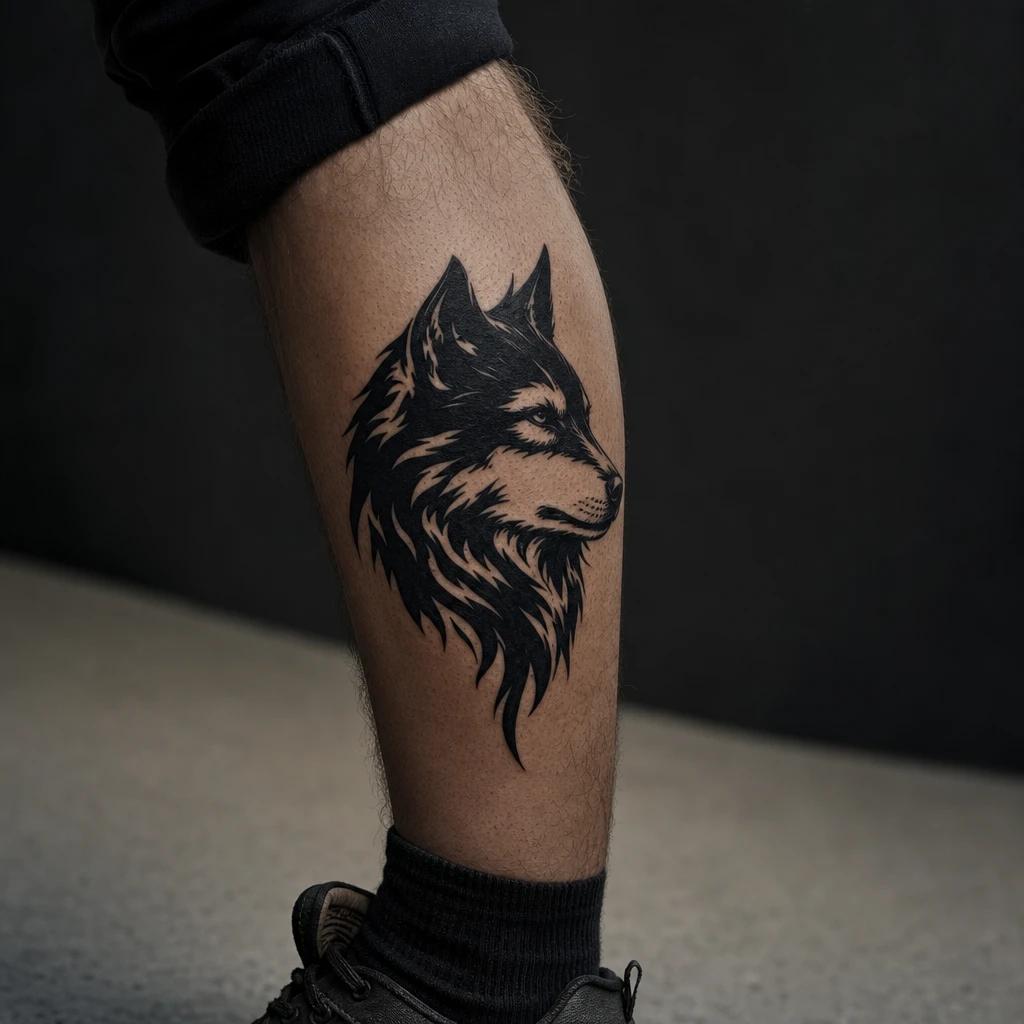 men's calf tattoo blackwork wolf, realistic photo on skin
