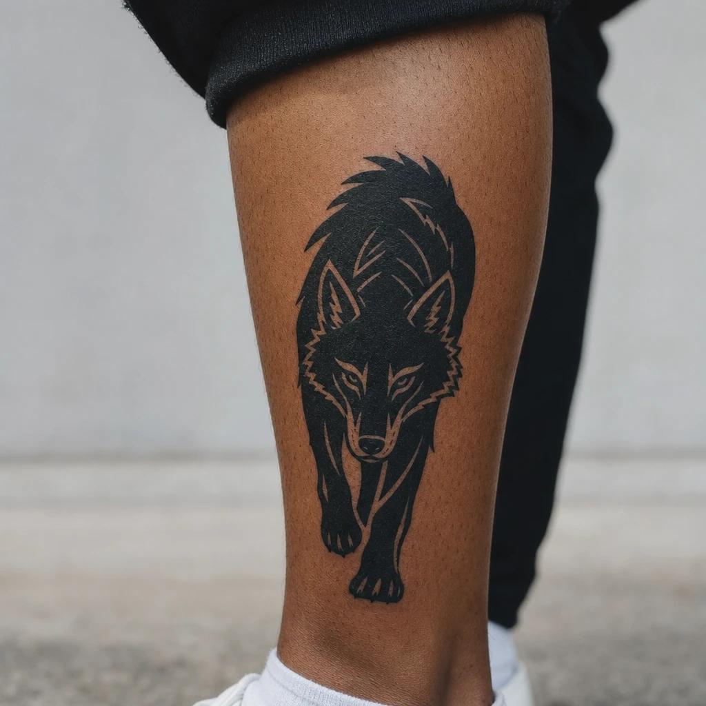 men's calf tattoo blackwork wolf, realistic photo on skin