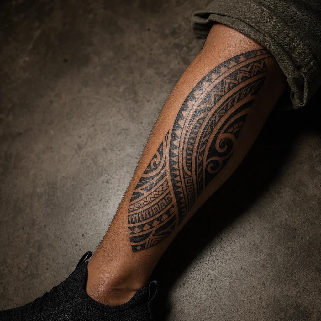 men's calf tattoo polynesian tribal, realistic photo on skin