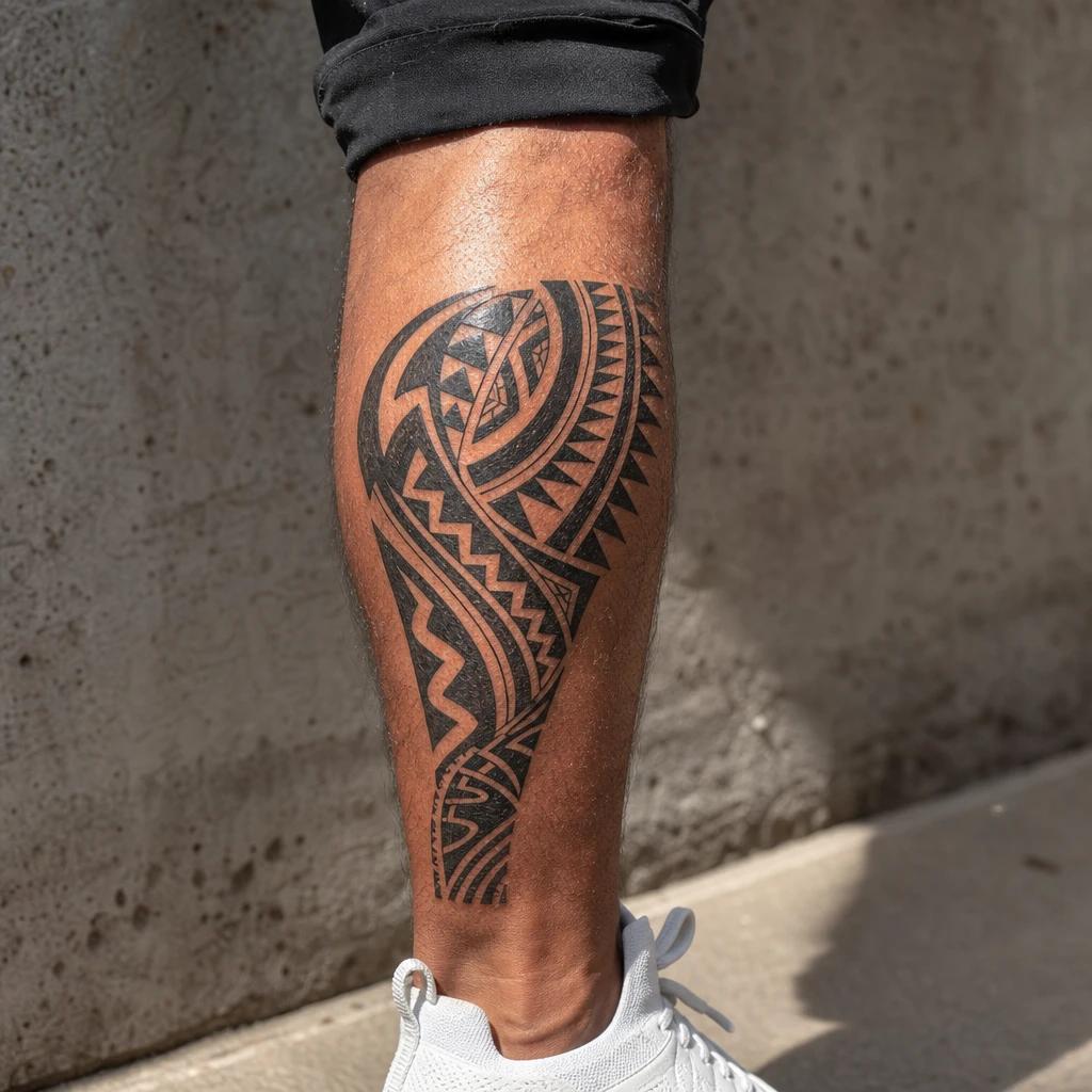 men's calf tattoo polynesian tribal, realistic photo on skin