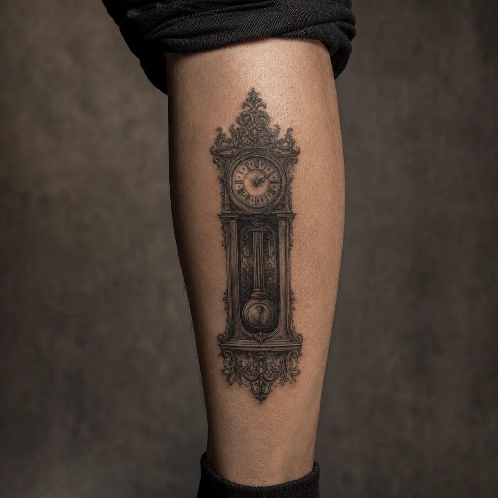men's calf tattoo realistic clock, realistic photo on skin