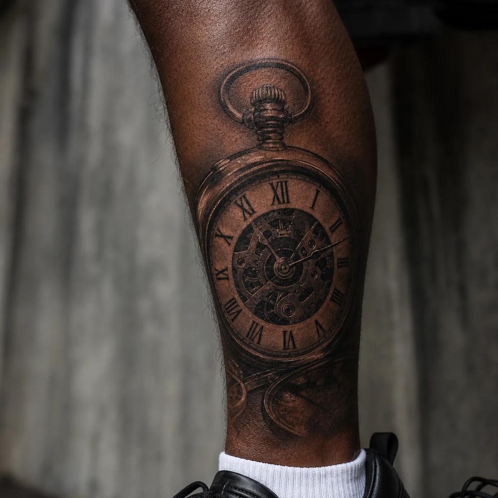 men's calf tattoo realistic clock, realistic photo on skin